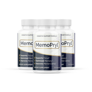 MemoPryl cognitive support formula capsule bottles with the navy MemoPryl label